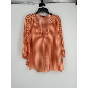 NYDJ Blouse Women 1X Orange Geometric Print V-Neck 3/4 Sleeve Pleated Back Top